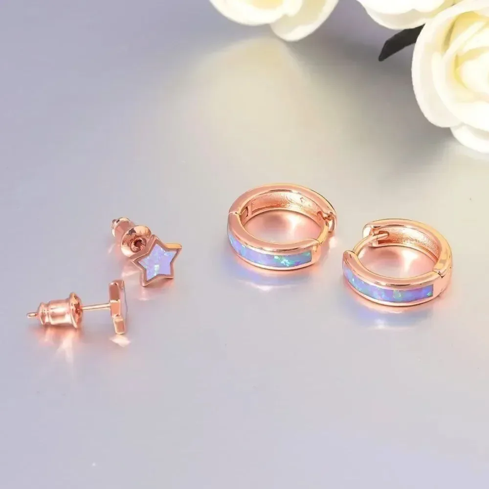 14K Rose Gold with Genuine Pink Fire Opal Huggie and Star Stud Earrings Set of 2